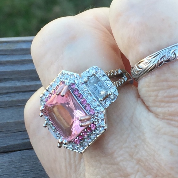 Pink and White Sapphire Large S925 Silver Ring - Picture 6 of 8